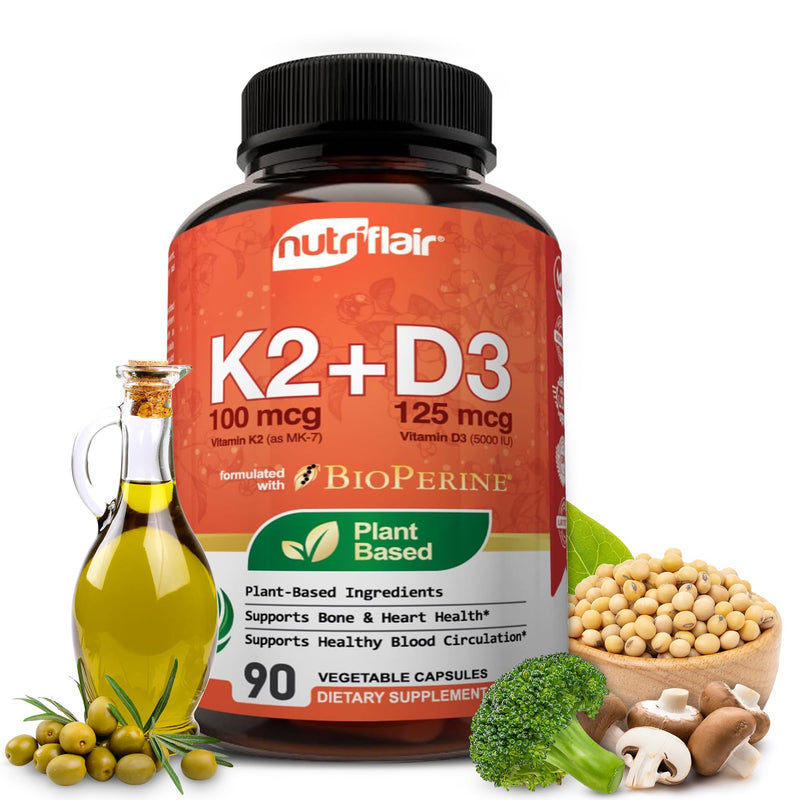 NutriFlair Vitamin D3 + K2-5000 IU D3 / 100 mcg MK7, 90 Capsules | Plant-Based Ingredients, Non-GMO 90 Count (Pack of 1) D3 (5,000 IU) + K2