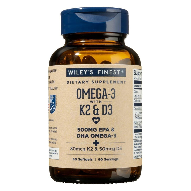 Wiley's Finest Wild Alaskan Fish Oil Vitamin K2 & D3 Softgels - 500mg of EPA and DHA Omega-3s for Bone and Heart Health Support - 60 Softgels (60 Servings) 60 Count (Pack of 1) - BeesActive Australia