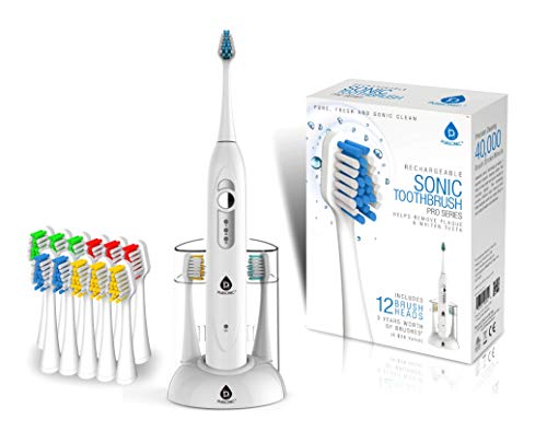 Pursonic S430 SmartSeries Electronic Power Rechargeable Sonic Toothbrush with 40,000 Strokes Per Minute, 12 Brush Heads Included (White) White 1 Count (Pack of 1)