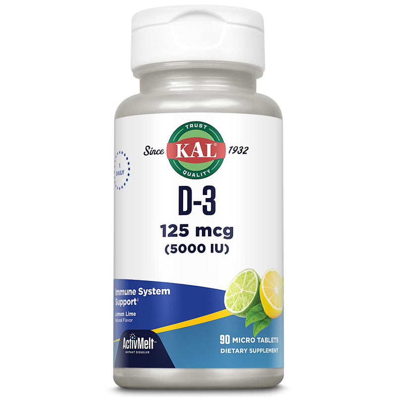 KAL Vitamin D-3 5000 IU ActivMelt, Instant Dissolve, Natural Lemon Lime Flavor, Healthy Immune Function & Bone Support, 90 Servings, 90 Micro Tablets 90 Count (Pack of 1)
