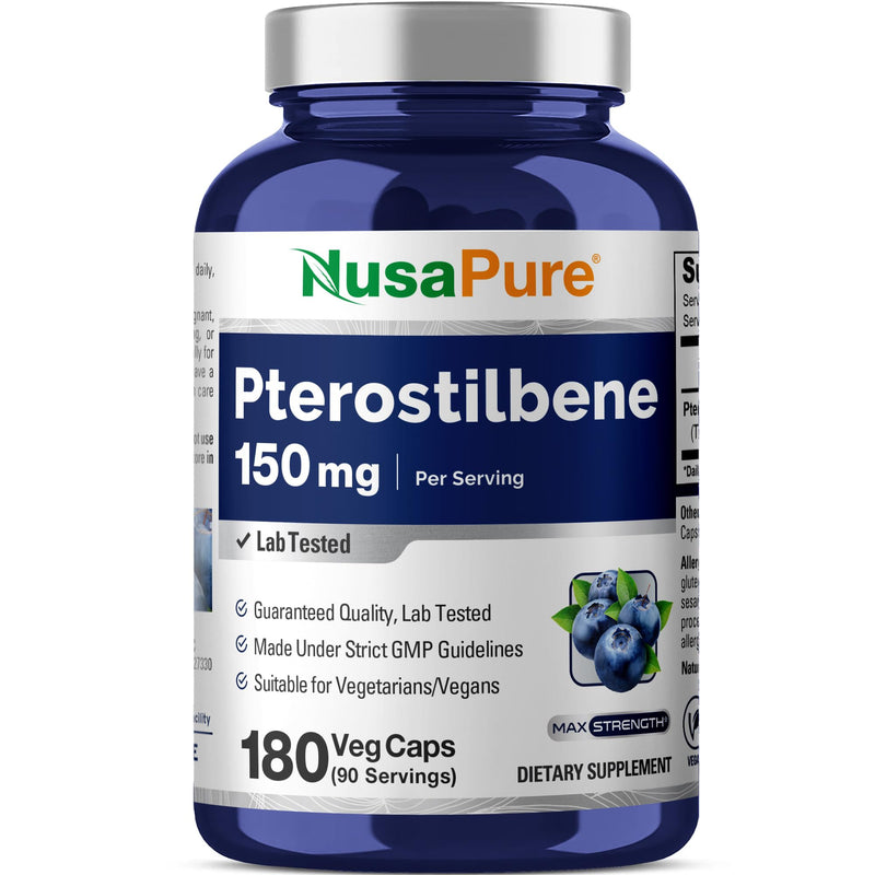 Pterostilbene, Non-GMO, Vegan, 150mg, 180 Veggie Capsules - 90 Servings | Dietary Supplement, Plant Based Formulation, Suitable for Adults, Manufactured in cGMP Registered Facility USA