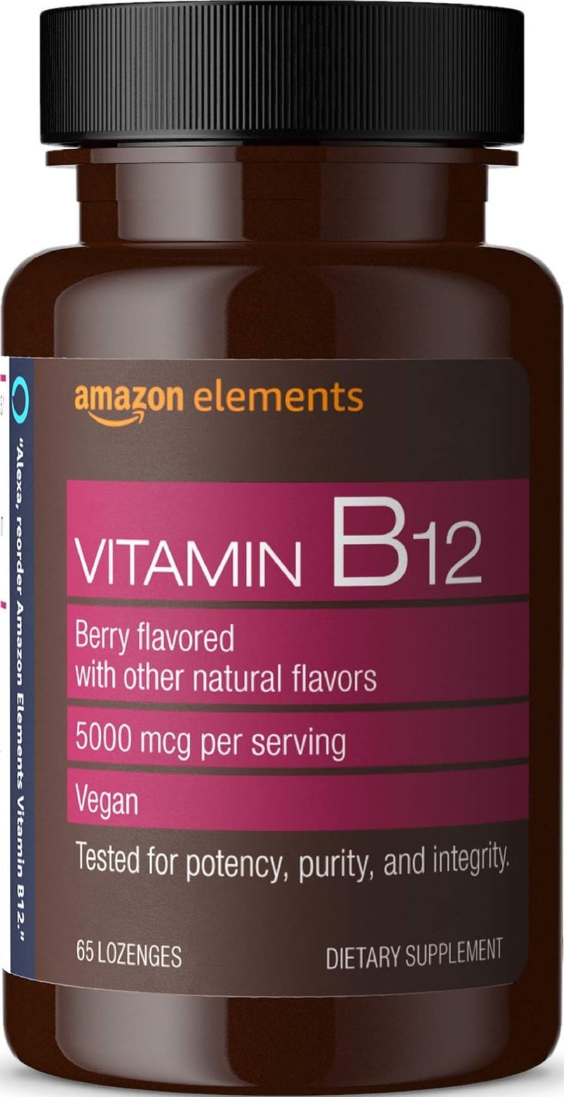 Amazon Elements Vitamin B12 Methylcobalamin 5000 mcg - Normal Energy Production and Metabolism, Immune System Support - 2 Month Supply, Berry Flavored Lozenges, 65 Count (Pack of 1) 65 Count (Pack of 1)