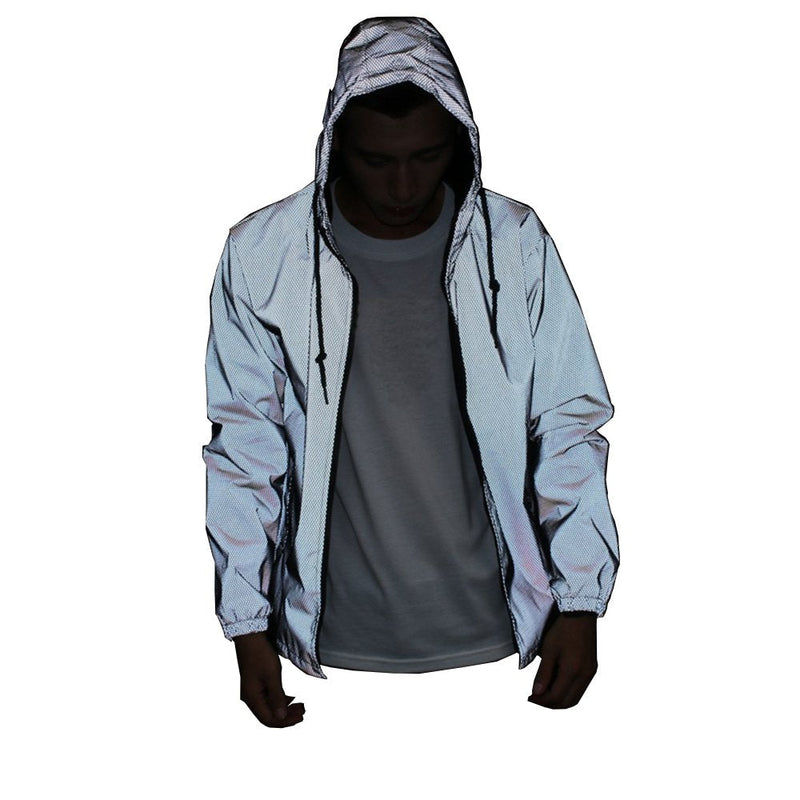 LZLRUN Reflective Jacket Casual Hiphop Windbreaker Night Sporting Coat Hooded Fluorescent Clothing Medium Grey