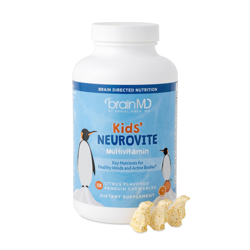 BrainMD Kids NeuroVite Multivitamin Chewables Orange, 120 Count | Penguin-shaped tablets with mineral blend, 60 servings, gluten free, daily nutritional support for healthy development