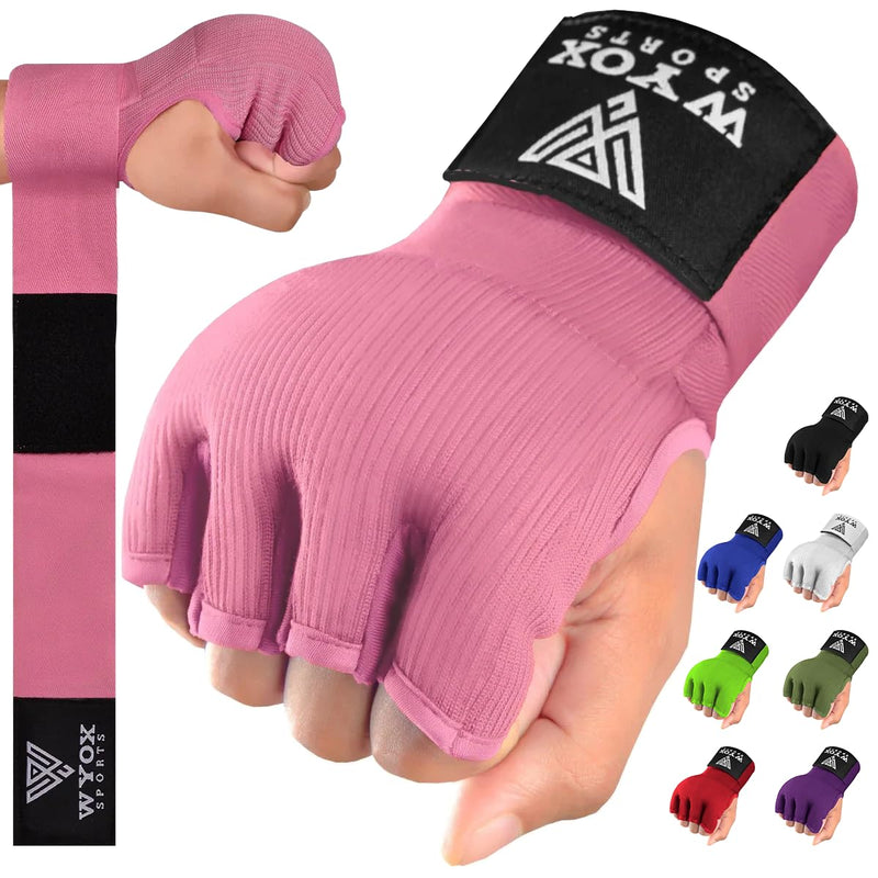WYOX Gel Boxing Hand Wraps Inner Gloves for Men & Women – 80cm Quick Wrist Strap, Padded Knuckle Support, Fingerless MMA Muay Thai Kickboxing Wraps for Training, Punching & Martial Arts Small-Medium Pink