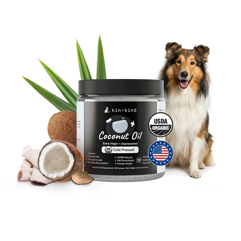 kin+kind Organic Coconut Oil Pet Supplement for Dogs and Cats - Cold Pressed Extra Virgin Coconut Oil - Itchy Skin, Dry Cracked Noses & Dry Skin Treatment - Made in USA - 16 fl oz (Large)