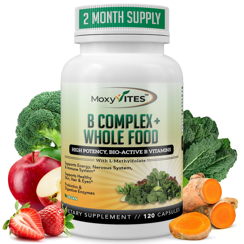 MoxyVites Vitamin B Complex - B Vitamins Whole Food Supplement, B12 Methylcobalamin, B1, B2, B3, B5, B6, B7, B9 - for Stress, Energy and Immune Support, Vegan, 120 Capsules 120 Count (Pack of 1)