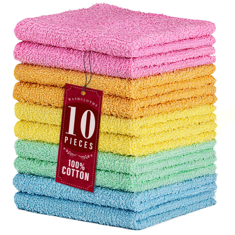 DecorRack 10 Pack 100% Cotton Wash Cloth, Luxurious Soft, 12 x 12 inch Ultra Absorbent, Machine Washable Washcloths, Assorted Colors (10 Pack) Pastel - BeesActive Australia