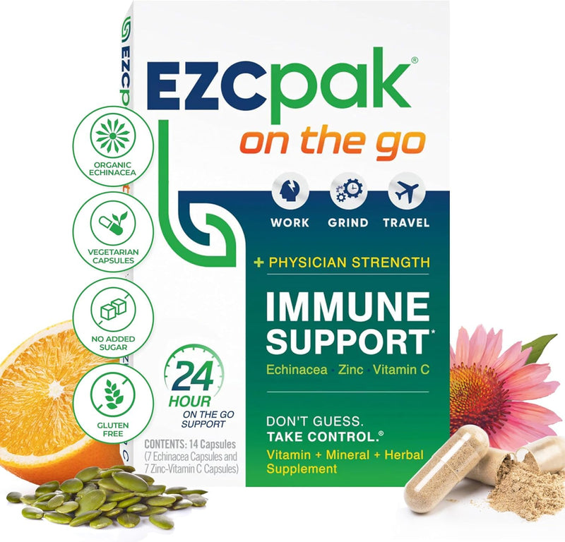 EZC Pak On The Go Immune System Booster with Echinacea, Vitamin C, Zinc | Immune Support Supplement, Travel-Friendly Packaging, Physician Formulated, Vegetarian, Gluten-Free 1 Count (Pack of 1)