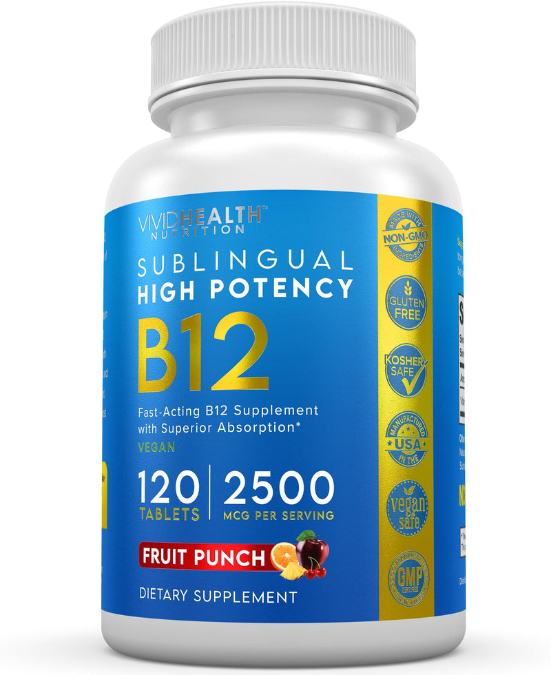 Vitamin B12 Sublingual: High Potency, Vegan B-12 with Methylcobalamin 120ct | Energy Boosting, Quick Dissolve Tablets for Metabolic & Brain Support with Refreshing Fruit Punch Flavor