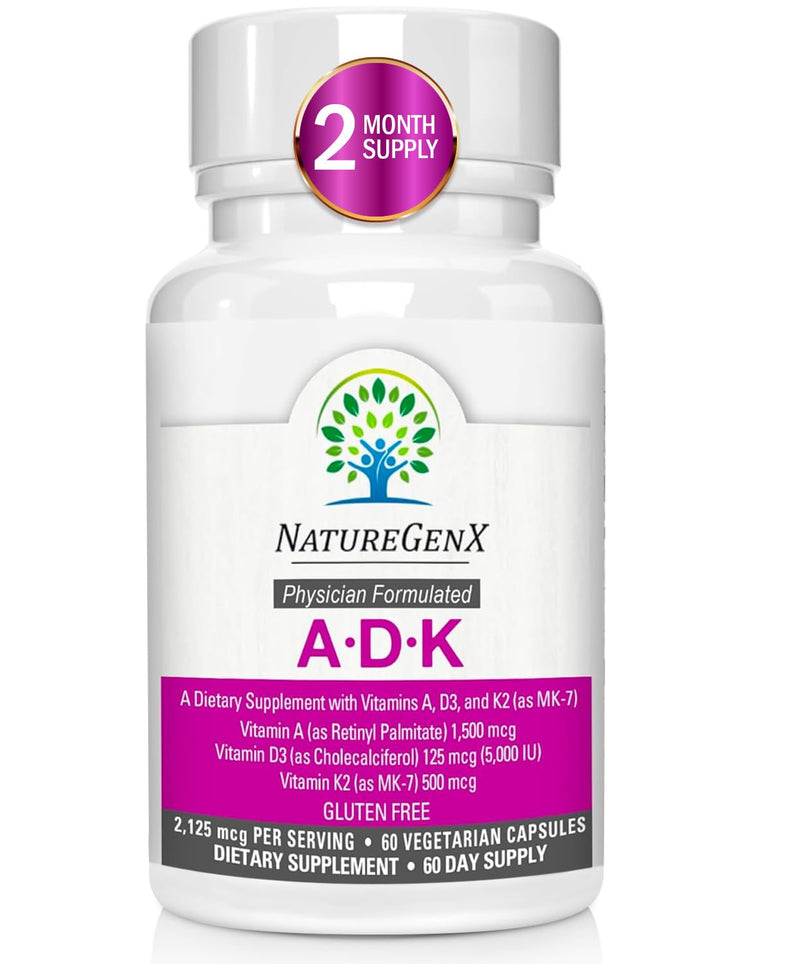 ADK Vitamin Supplement 5000 IU - High Potency Vitamins A, D3, and K2 for Bone Health and Calcium Absorption | Gluten-Free Vitamin ADK Supplement, 60 Day Supply, 60 Capsules 60 Count (Pack of 1) - BeesActive Australia
