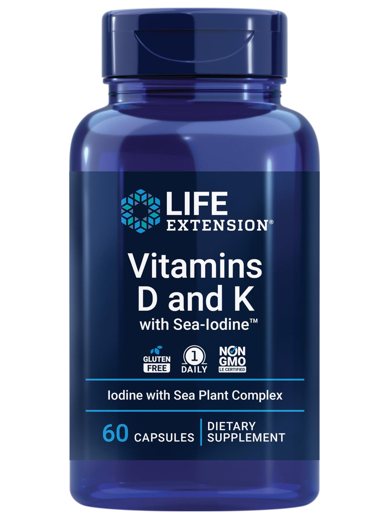 Life Extension Vitamins D and K with Sea-Iodine, vitamin D3, vitamin K1 and K2, iodine, supports immune, bone, arterial and thyroid health, non-GMO, gluten-free, 60 capsules 60 Count (Pack of 1) - BeesActive Australia