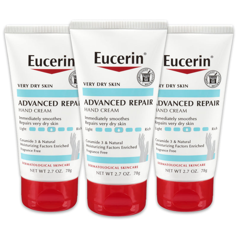 Eucerin Advanced Repair Hand Cream, Immediately Soothes and Repairs Very Dry Skin, Fragrance Free, Non Greasy, Fast Absorbing, Travel Size Hand Lotion, 2.7 Oz Tube, Pack of 3 2.7 Ounce (Pack of 3)