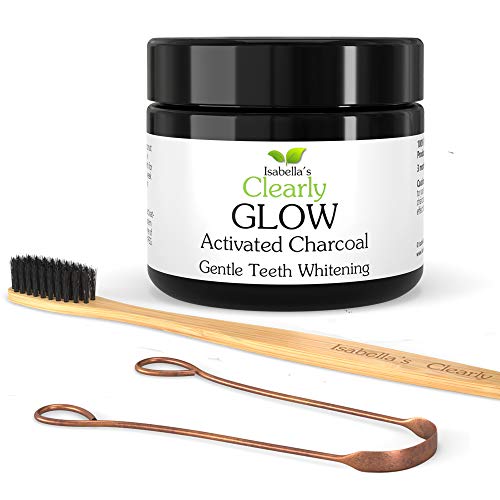 Glow Natural Teeth Whitening Kit – Activated Charcoal Tooth Powder + Bamboo Toothbrush + Copper Tongue Cleaner | Fluoride Free, Non-Peroxide Oral Care
