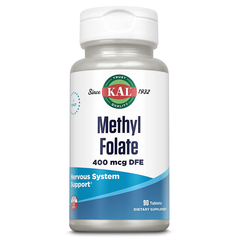KAL Methyl Folate 400 mcg, 5-MTHF Active Form, 90 Tablets | Folic Acid Supplement for Women and Men - Supports Nervous System Health and Red Blood Cell Production Unflavored 90 Count (Pack of 1)
