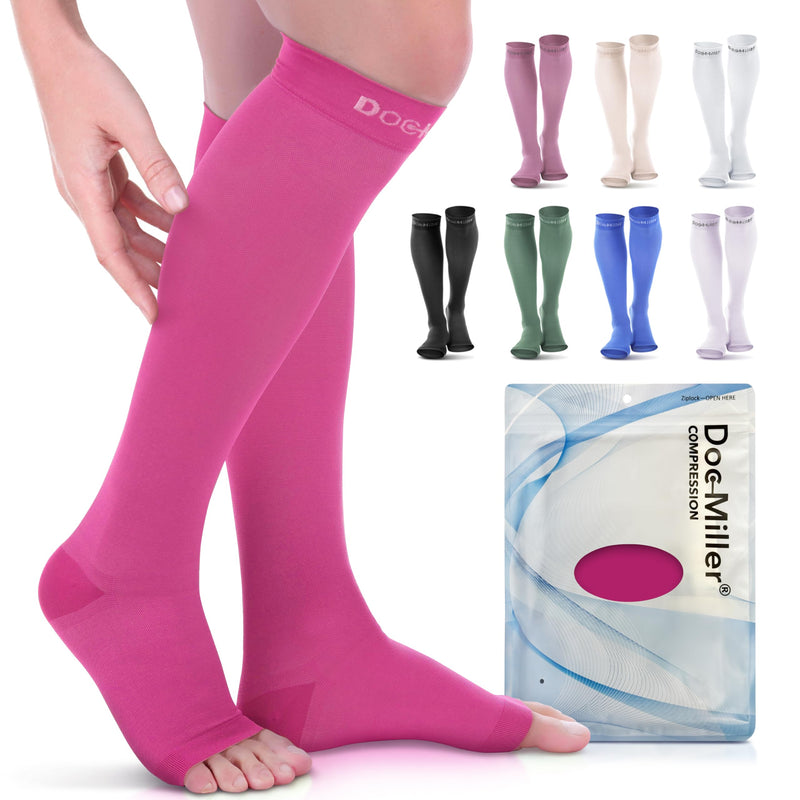 Doc Miller Open Toe Compression Socks, 20-30 mmHg, Toeless Compression Sleeves for Legs, Knee High Stockings for Shin Splints, Varicose Veins, Travel, Calf Support & Muscle Recovery, Men & Women, Pair Medium Pink - BeesActive Australia