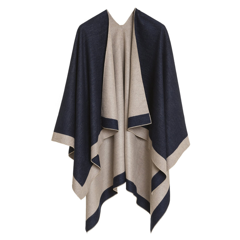 MELIFLUOS DESIGNED IN SPAIN Women's Shawl Wrap Poncho Ruana Cape Cardigan Sweater Open Front for Spring Fall Winter One Size Border Design - Gray Navy - BeesActive Australia