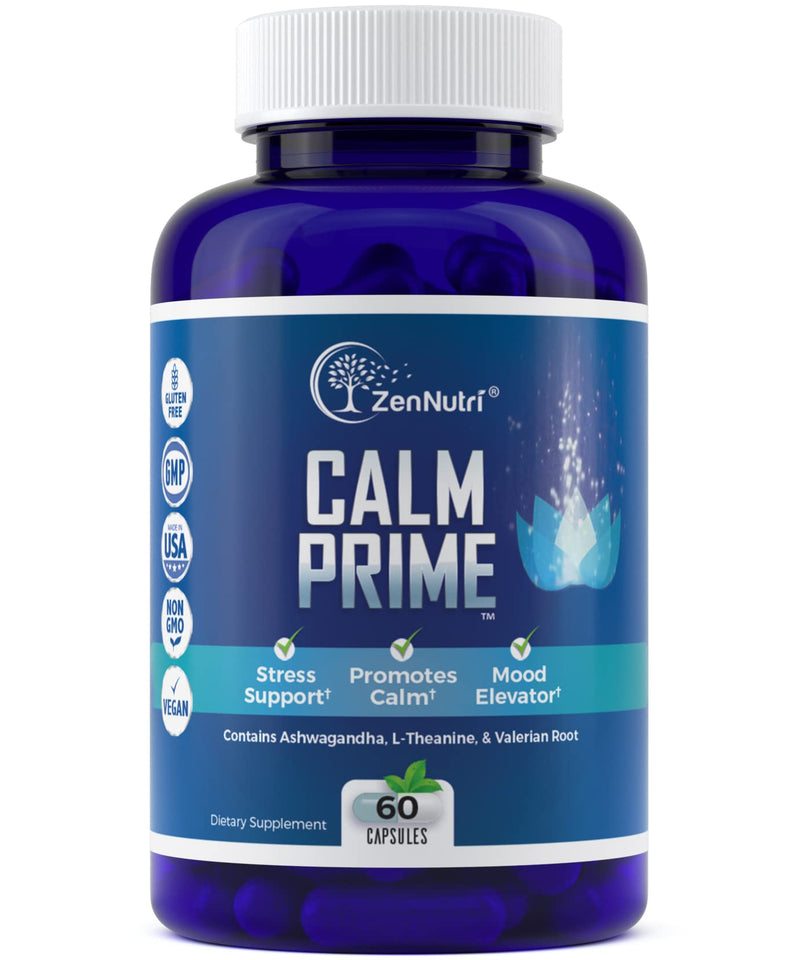 Calm Prime Stress Relief Supplement Non-Drowsy | Mood Support Supplement | Mood Boost | Vegan Daytime Stress Supplements Calm Aid | Stress Vitamins - Ashwagandha, Valerian Root - 60 count - BeesActive Australia