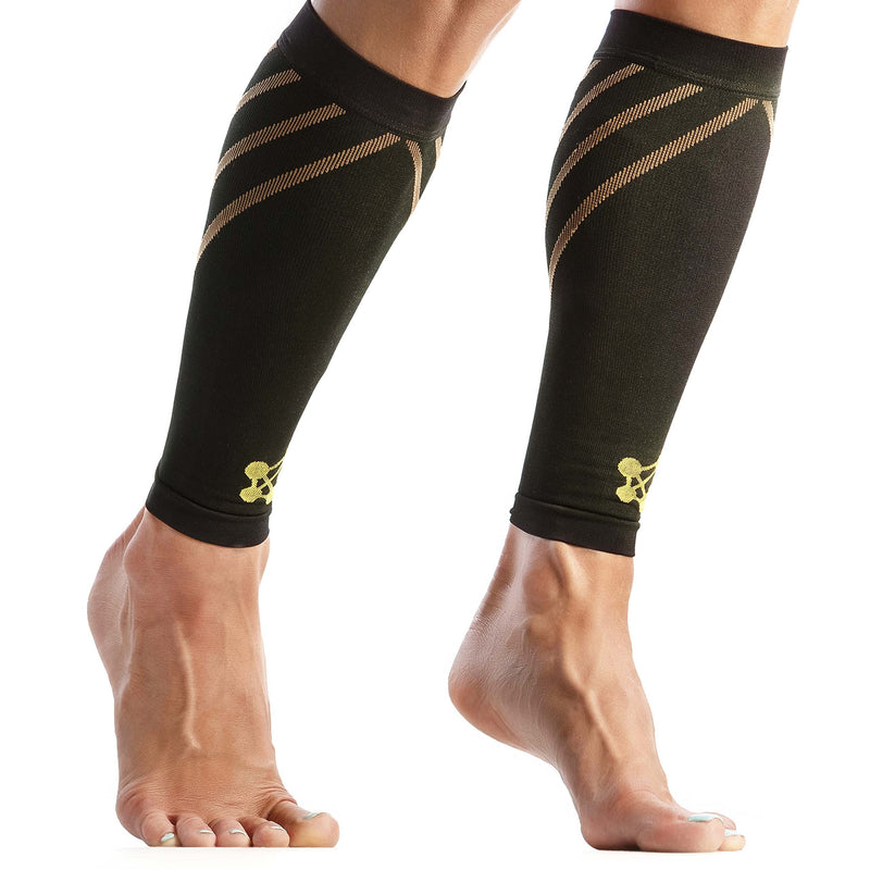 CopperJoint Calf Compression Sleeves for Men & Women - Leg Sleeve and Shin Splints Support - Ideal for Leg Cramp Relief, Varicose Veins, Running - 20-30mmHg Copper Infused Nylon Large Gold - BeesActive Australia