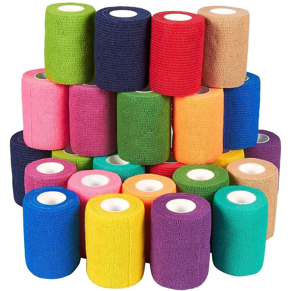 Juvale 24 Rolls Colorful Self Adhesive Bandage Wrap 3 Inch x 5 Yards - Cohesive First Aid Tape for Sports, Vet, Medical, Tattoo (12 Colors)