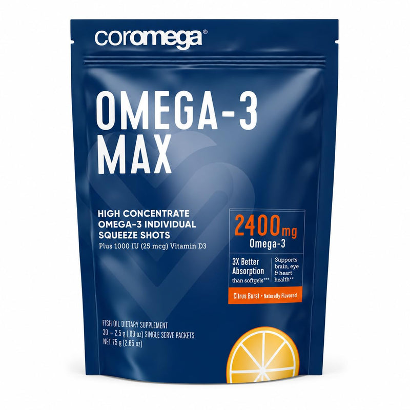 Coromega - MAX Omega-3 Fish Oil + Vitamin D - 30 Packets - Citrus Burst | 2400mg Omega-3s, Wild-Caught Fish Oil, 3X Better Absorption Than Softgels, No Fishy Taste, Daily Squeeze Packets 1 Fl Oz (Pack of 1)