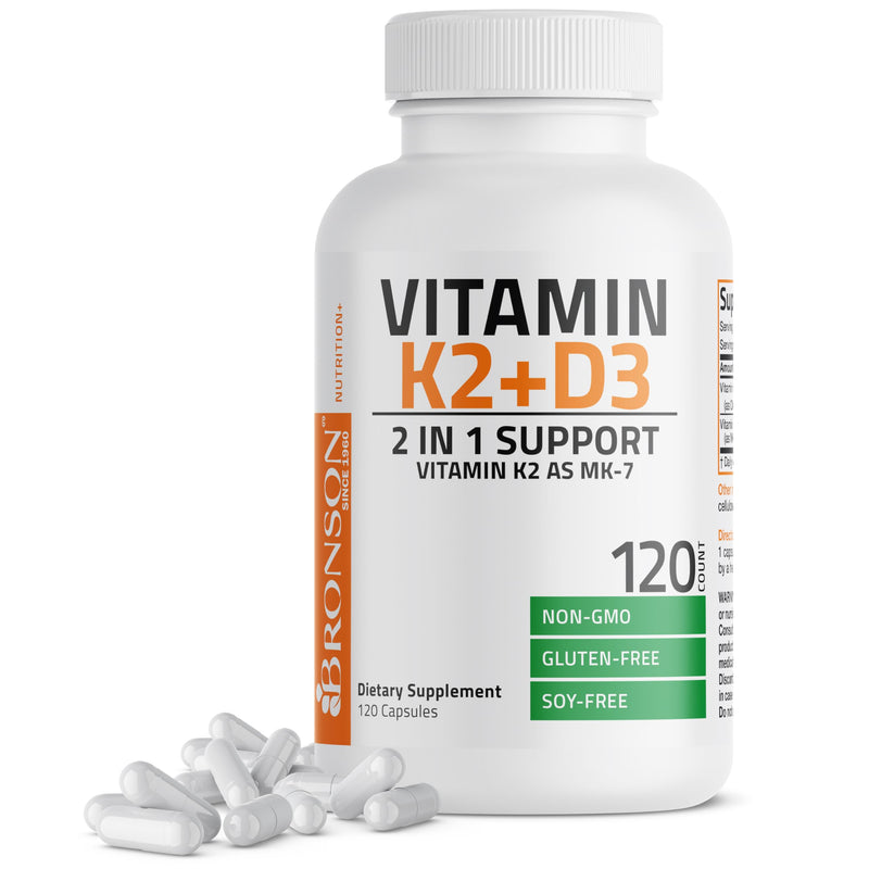 Bronson Vitamin K2 (MK7) with D3 Supplement Non-GMO Formula 5000 IU Vitamin D3 & 90 mcg Vitamin K2 MK-7 Easy to Swallow Vitamin D & K Complex, 120 Capsules. Unflavored 120 Count (Pack of 1) - BeesActive Australia