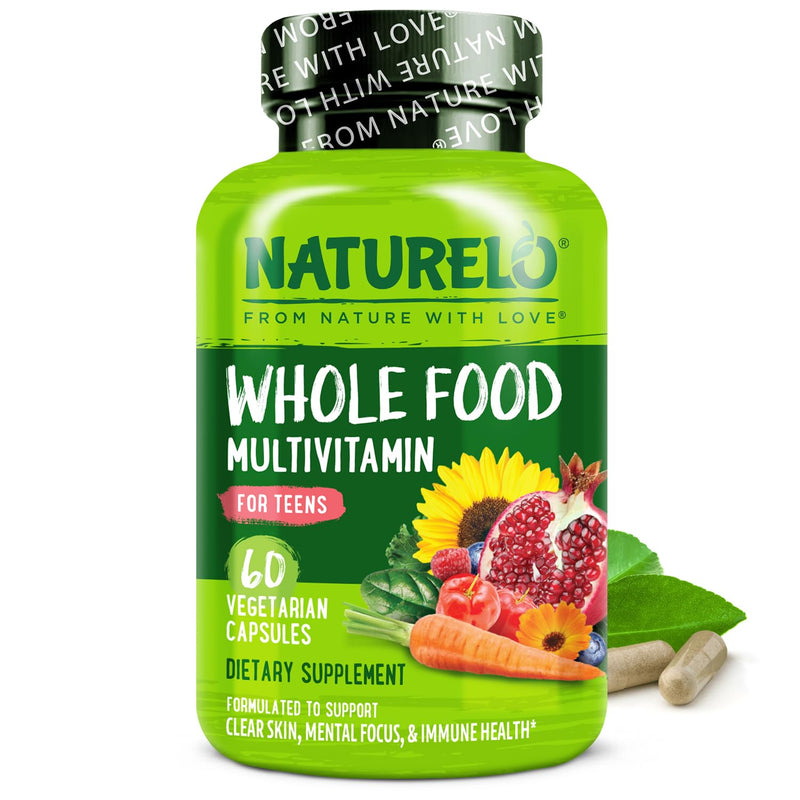 NATURELO Teen Multivitamin - Whole Food Multivitamin - with Minerals for Teenage Boys & Girls - Supplement for Active Kids - Non-GMO - Vegan & Vegetarian - 60 Capsules Unflavored 60 Count (Pack of 1)