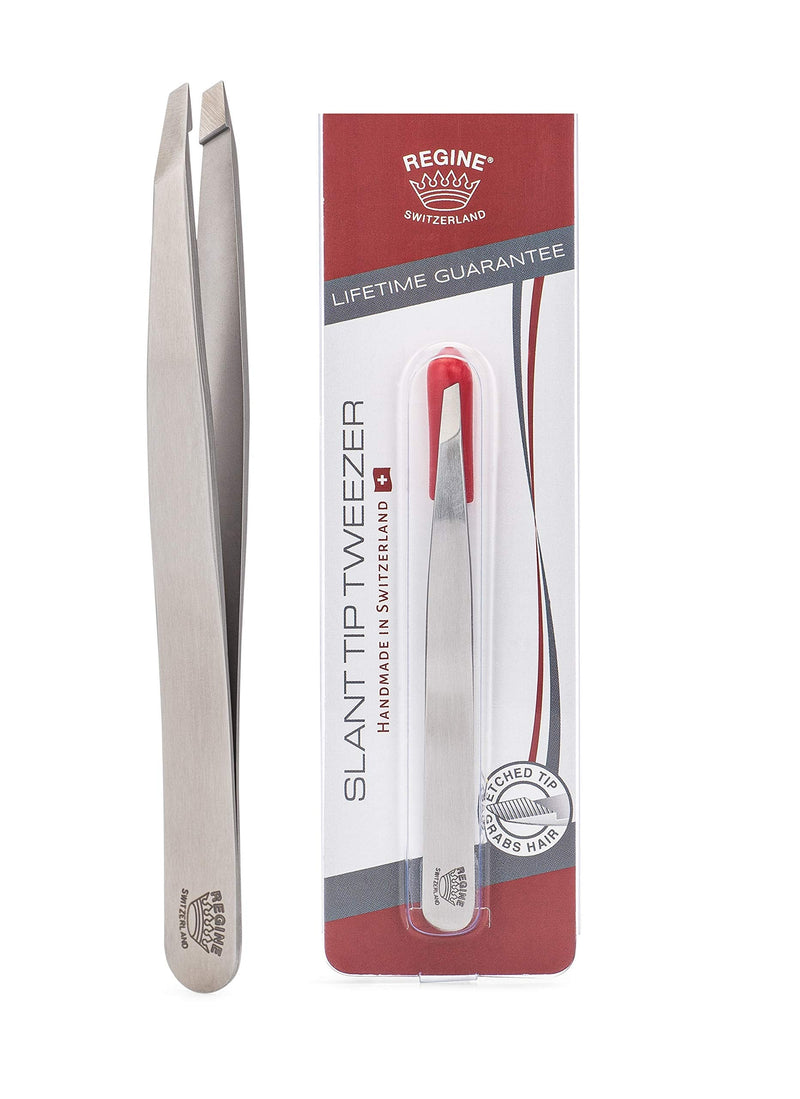 Regine Switzerland Slant Tweezer - Handmade in Switzerland - Professional Eyebrow, Facial & Hair Remover - Etched Interior Tip to Grab Hair From the Root - Perfectly Aligned Tips - Stainless Steel Silver - BeesActive Australia