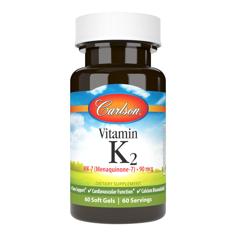 Carlson Vitamin K2 MK-7 (Menaquinone), 90 mcg, Bone Support, 60 Softgels | Calcium Bioavailability; K2 Vitamin; Vitamin K-2