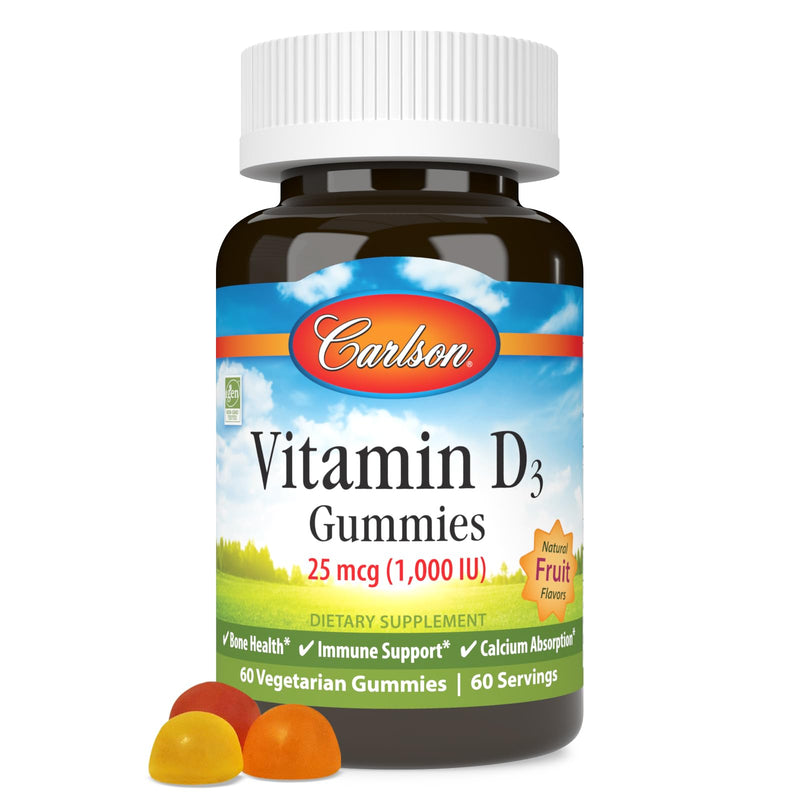 Carlson Vitamin D3 Gummies, 1000 IU (25 mcg), 60 Vegetarian Gummies | Mixed Fruit; Bone Health; Calcium Absorption; Non-GMO 60 Count (Pack of 1)