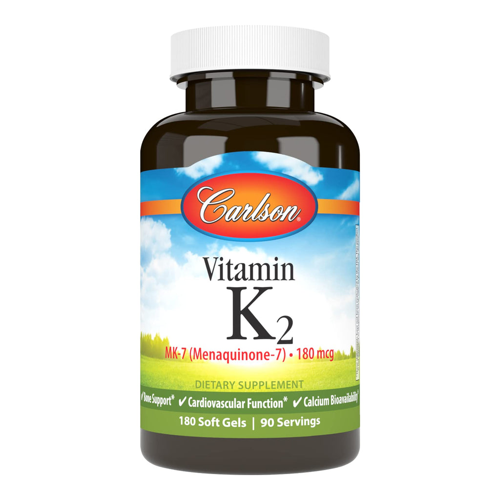 Carlson - Vitamin K2 MK-7 (Menaquinone), 180 mcg, Bone Support, Calcium Bioavailability, K2 Vitamin, Vitamin K-2, 180 Softgels