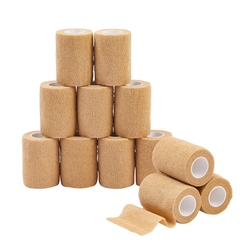 Juvale Self-Adherent Cohesive Wrap - Breathable Support Athletic Tape - Snug Fit for Tattoo Equipment - Swelling & Strain Aid Sports Tape - 3 in x 5 yd, Pack of 12, Tan 3" x 5 Yards - BeesActive Australia