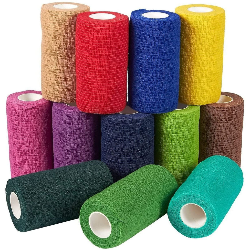 Juvale 12 Rolls Colorful Self Adhesive Bandage Wrap 4 Inch Wide x 5 Yards - Cohesive Vet Tape for First Aid, Sports, Tattoo (12 Colors) 12 Count (Pack of 1)