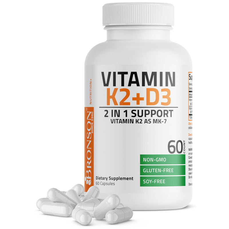 Bronson Vitamin K2 D3 (MK7) Supplement 2-in1 D3 & K2 Complex, 60 Capsules | Bone, Immune & Heart Health Support, Gluten Free, Soy Free, Non-GMO, Vitamin D3 5000IU (125 mcg) & 90 mcg K2 MK-7 60 Count (Pack of 1)