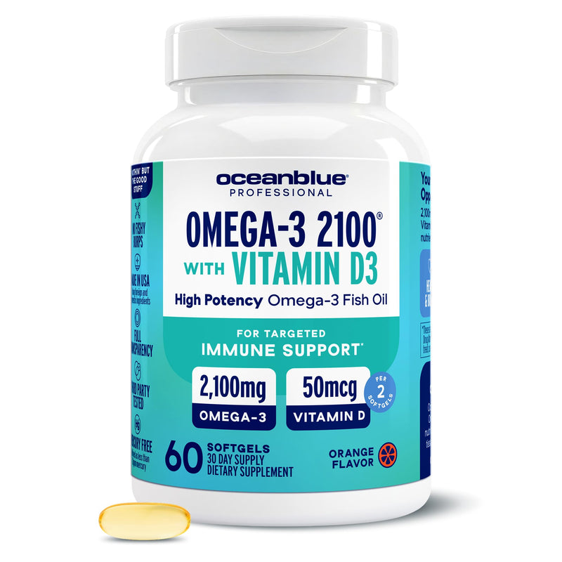 Oceanblue Professional Omega-3 2100 with Vitamin D3 - Triple Strength DPA EPA DHA Omega 3 Supplement - Burpless Wild Caught Fish Oil - Orange Flavor, 60 Count (30 Servings) 60 Count (Pack of 1)