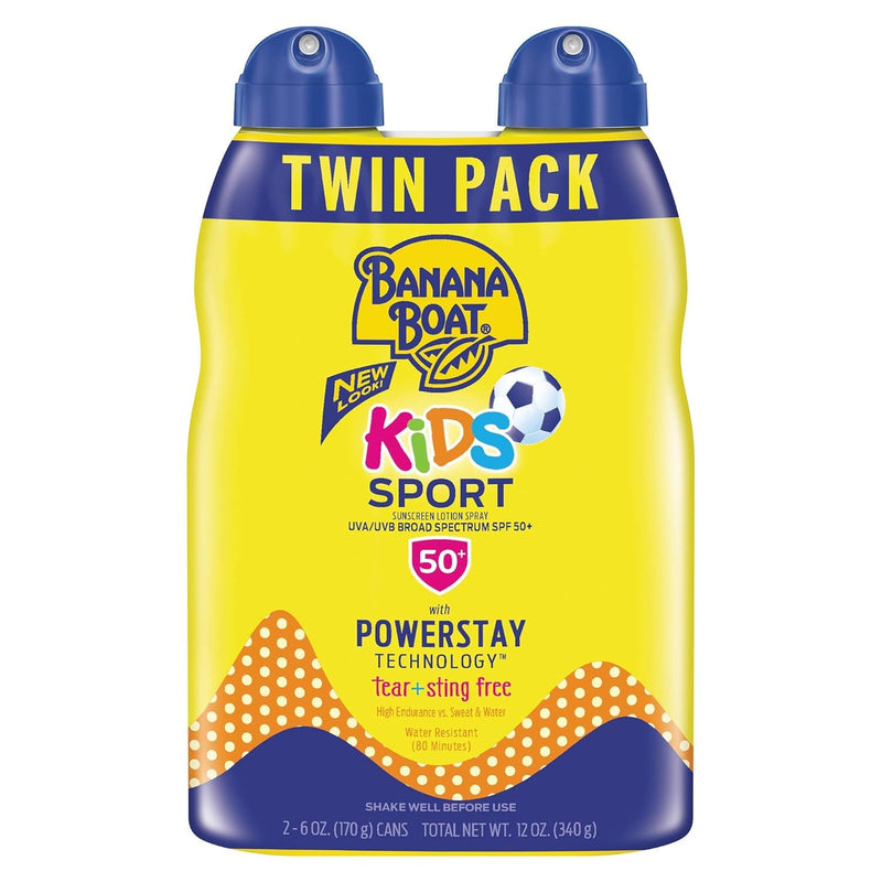 Banana Boat Kids Sport Sunscreen Spray SPF 50, Twin Pack | Kids Sunscreen Spray, Kids Sunblock Spray, Oxybenzone Free Sunscreen for Kids, Spray Sunscreen SPF 50, 6oz each 12 Fl Oz (Pack of 1) 6 Ounce (Pack of 2) - BeesActive Australia