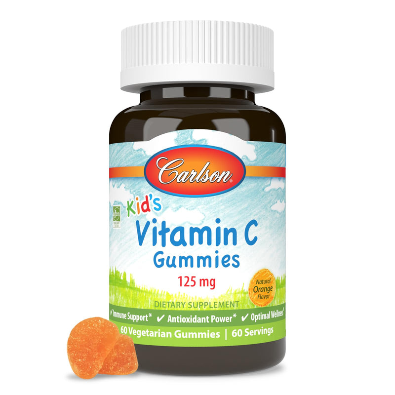 Carlson Kid's Vitamin C Gummies, 125 mg, Non-GMO, 60 Vegetarian Gummies | Orange; Optimal Wellness 60 Count (Pack of 1)