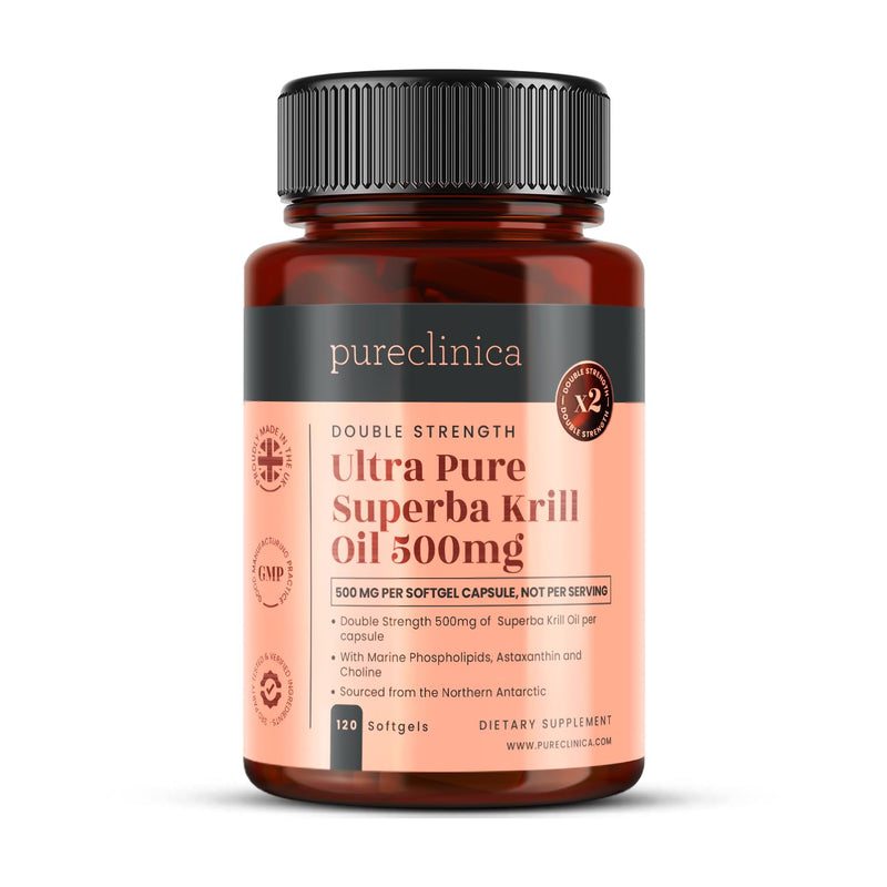 pureclinica Ultra Pure Superba Krill Oil 500mg x 120 Capsules - Sourced in The Unpolluted Waters of Antarctic Providing a Rich Supply of Astaxanthin, Omega 3 and Vitamin D 120 Count (Pack of 1)