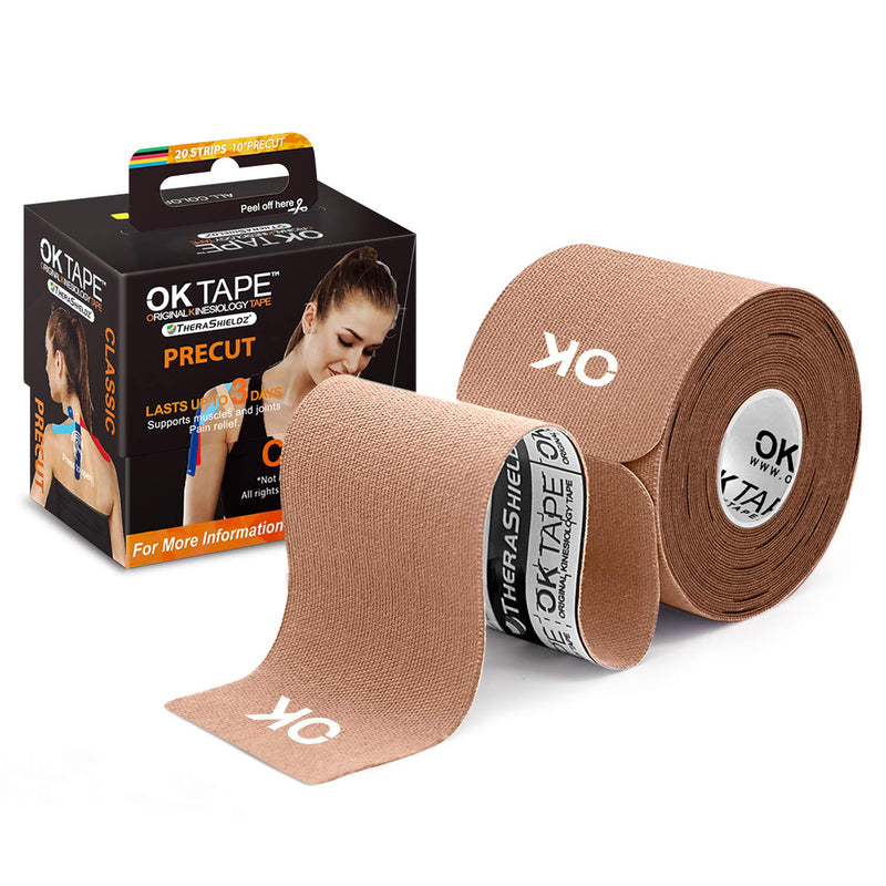OK TAPE Kinesiology Tape 10 inches Precut, 20 Strips, Cotton Elastic Athletic Tape Latex Free, 2inch x 16ft, Beige - BeesActive Australia