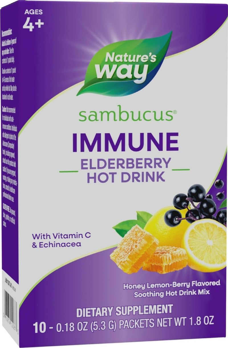 Nature's Way Sambucus Elderberry Hot Drink Mix, Honey Lemon-Berry, 10 ct | Elderberry Hot Drink Mix with Vitamin C and Echinacea to Support Immune Health*, 10 Flavor Packets
