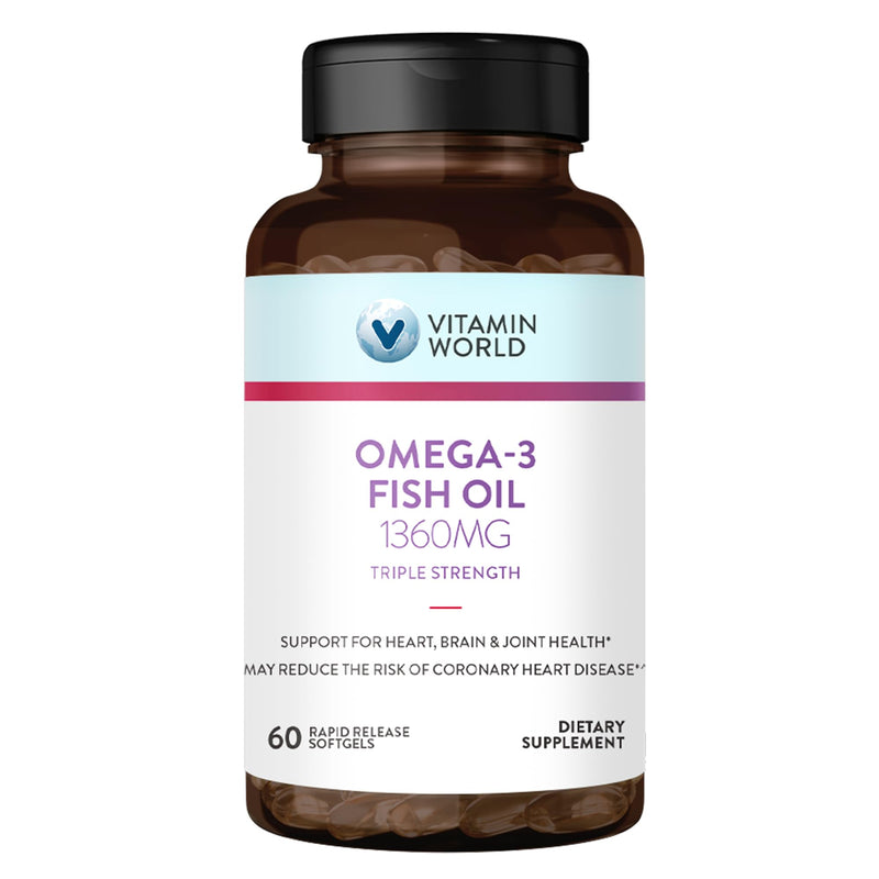 Vitamin World Triple Strength Omega 3 Fish Oil 1360 mg, 60 Softgels | High Potency Omega 3s with EPA & DHA 950 mg, Supports Heart, Brain & Joint Health, Gluten Free, 2 Months Supply 60 Count (Pack of 1)