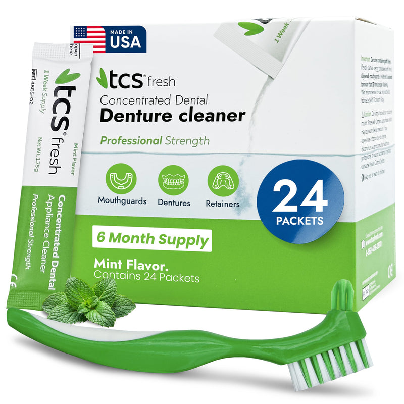 TCS Fresh Concentrated Dental Appliance Cleaner Set, Professional Denture and Retainer Cleaner Powder with Soft Bristle Brush (24 Packets, 6 Month Supply, Mint Flavor) Cleaner Powder with Bristle Brush (24 Packets) - BeesActive Australia