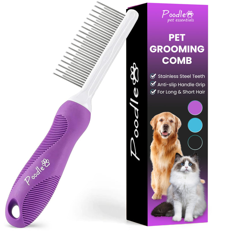 Poodle Pet Detangling Pet Comb with Long & Short Stainless Steel Teeth for Removing Matted Fur, Knots & Tangles – Detangler Tool Accessories for Safe & Gentle DIY Dog & Cat Grooming Purple - BeesActive Australia