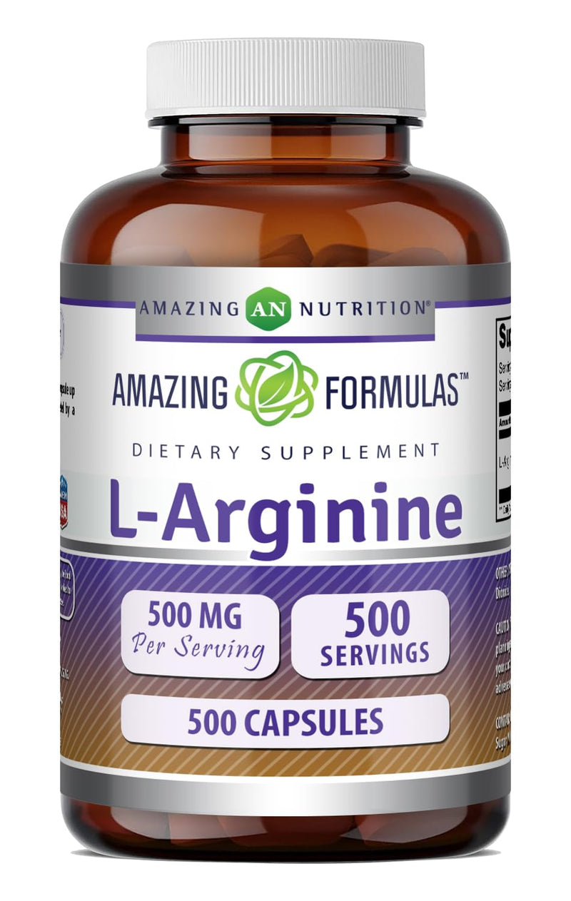 Amazing Formulas L-Arginine Supplement | 500 Mg Per Serving | Capsules | Amino Acid Supplement for Men & Women | Non-GMO | Gluten Free | Made in USA (500 Count) 500 Count