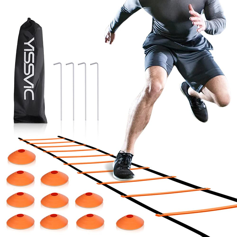 YISSVIC Agility Ladder and Cones 20 Feet 12 Adjustable Rungs Fitness Speed Training Equipment,1 Carry Bags, 10 Cones, 4 Stakes, Basketball, Soccer 20 feet Orange - BeesActive Australia
