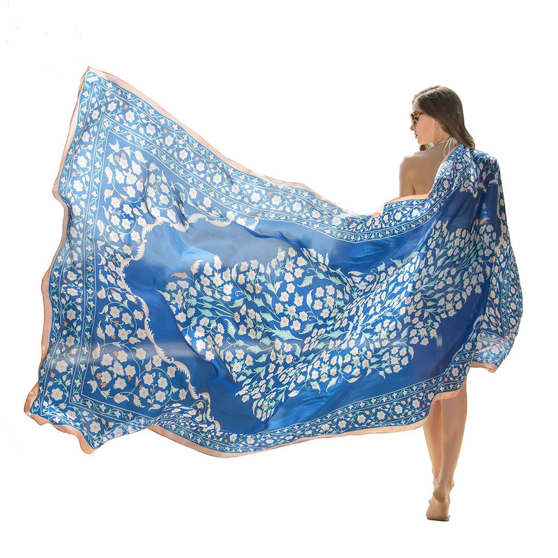 DANA XU 100% Mulberry Satin Silk Summer Travel Scarf Extra Large Women Floral Shawl Oversize Soft Wraps For Evening Dresses A 11 Blue - BeesActive Australia