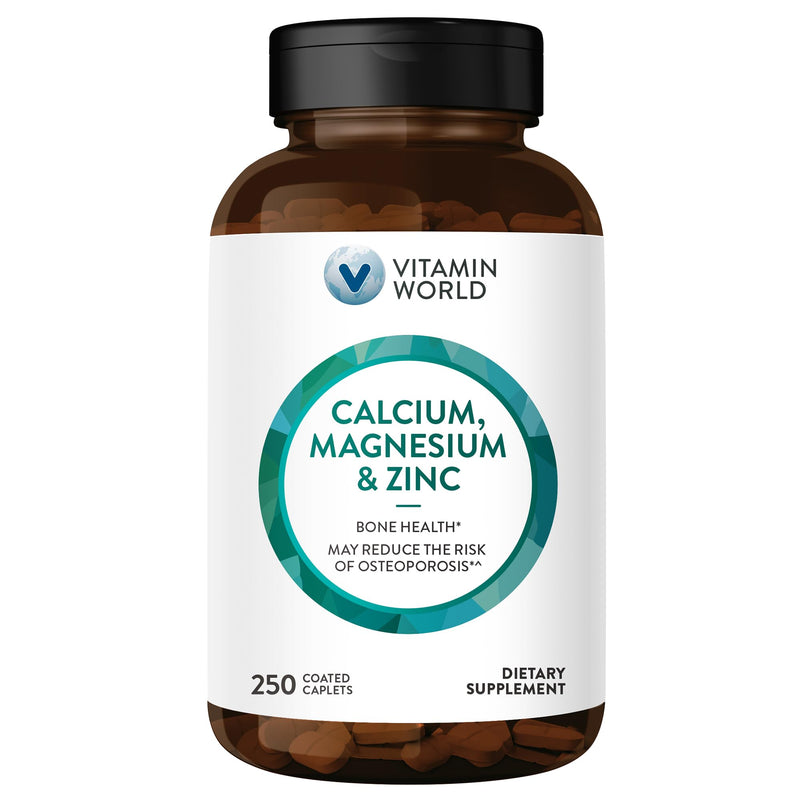 Vitamin World Calcium, Magnesium & Zinc, Supports Bone Health, 250 Caplets | Coated Caplets, Mineral Supplement, Gluten Free