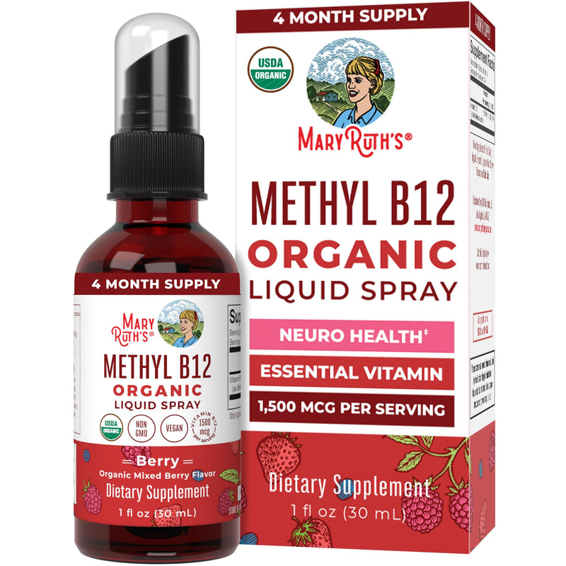 MARYRUTH'S Organic Methyl B12 Spray, 1,500 mcg B12 Per Serving, 1 Fl Oz | Energy Metabolism Support, Gluten Free, Vegan, Non-GMO Berry 1 Fl Oz (Pack of 1)