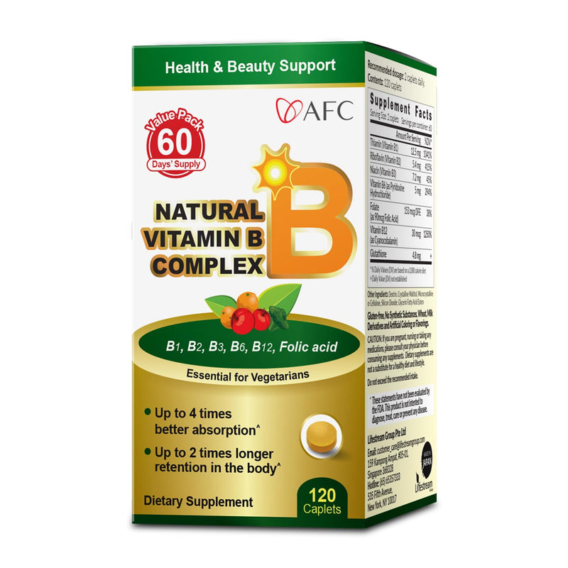 AFC Japan Vitamin B Complex - Stress, Energy, Immunity -120 Capsules | Natural vitamins B1 B2 B3 B6 B12, folic acid, glutathione yeast extract, no synthetics, non-GMO, 60 days' supply