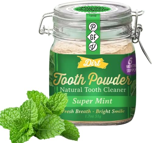 The Dirt - Remineralizing Tooth Powder, Natural Fluoride-Free Teeth Whitening Powder with Hydroxyapatite, Flouride & Gluten Free, Organic Vegan (Super Mint, 51g: 6 Month Supply) Super Mint 1.7 Ounce (Pack of 1)
